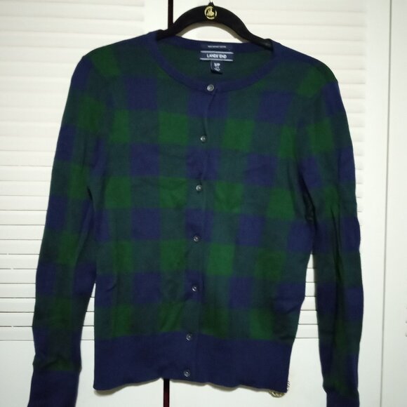 LANDS' END Navy Blue Green Plaid Check Cardigan Sweater SP 6-8 S Ladies Supima - Picture 1 of 6